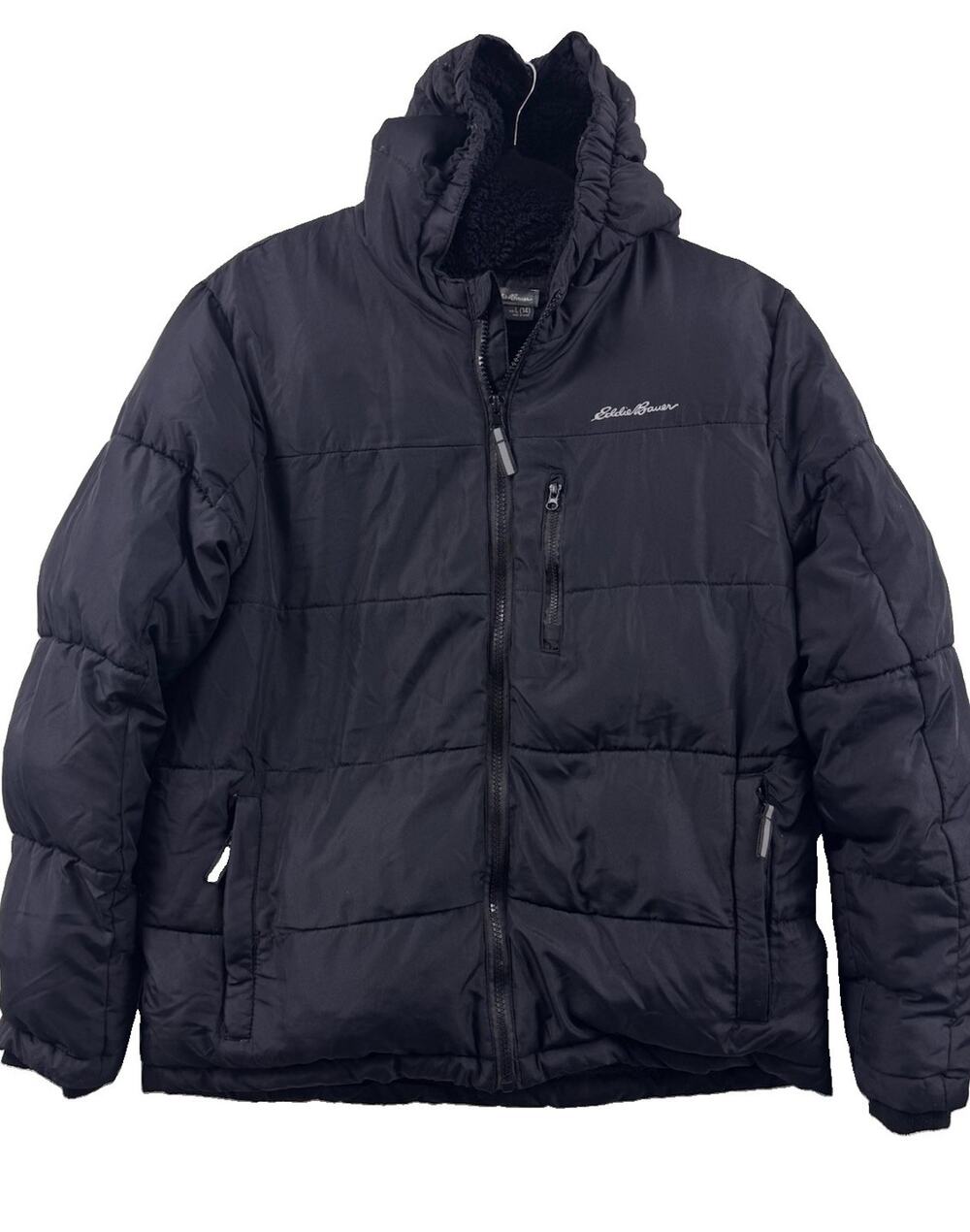 Eddie Bauer Women’s Black Hooded Puffer Jacket Quilted Zip Chest Pocket L